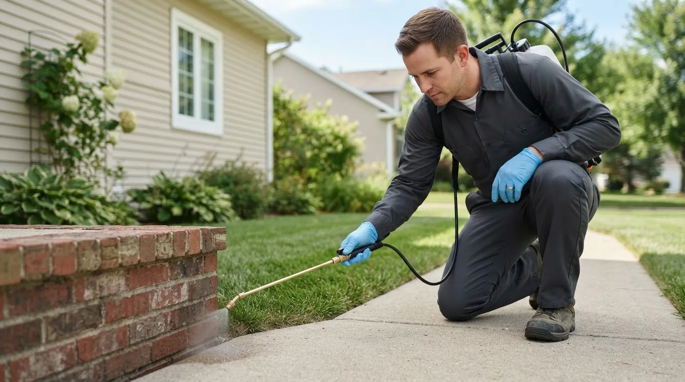 Pest control technician treating a home near Alexandria Bay, NY